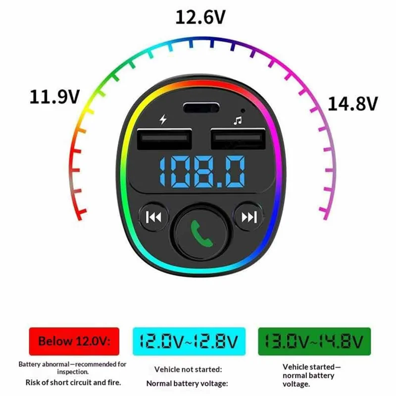 G67 Bluetooth-compatible 5.0 FM Transmitter MP3 Player, Dual USB + Type-C Fast Charging, Hands-Free Calling Car Charger - Button