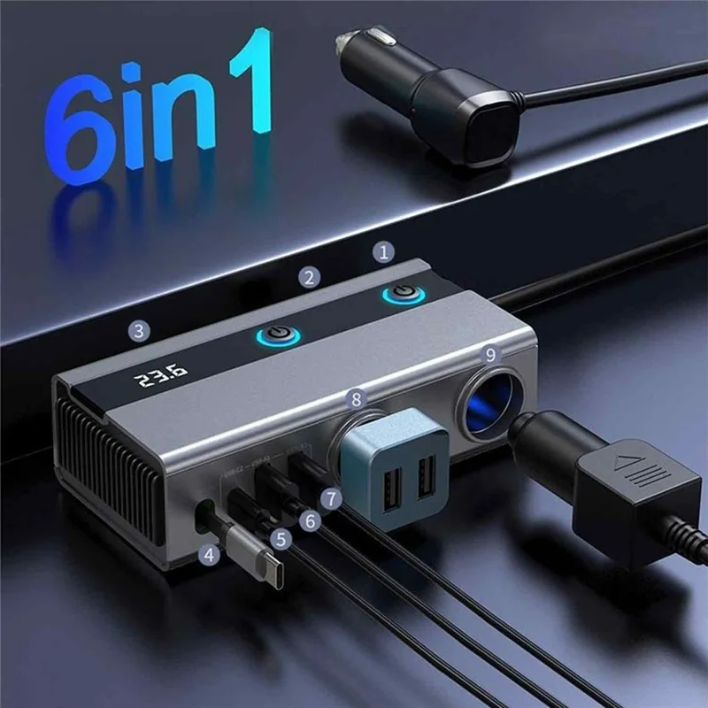 GC11 6-in-1 120W 12V Car Cigarette Lighter Adapter, 2 Sockets, 2 USB-A, USB-C, 65W PD Retractable Type-C Cable, LED Voltage Display