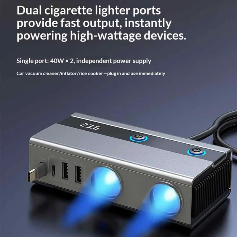 GC11 6-in-1 120W 12V Car Cigarette Lighter Adapter, 2 Sockets, 2 USB-A, USB-C, 65W PD Retractable Type-C Cable, LED Voltage Display