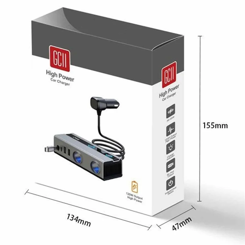 GC11 6-in-1 120W 12V Car Cigarette Lighter Adapter, 2 Sockets, 2 USB-A, USB-C, 65W PD Retractable Type-C Cable, LED Voltage Display