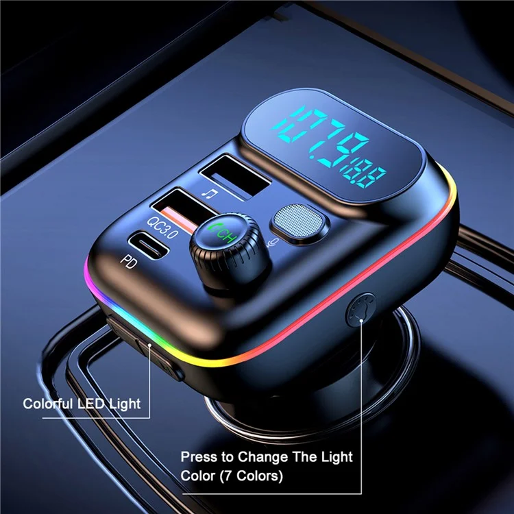 T70 Bluetooth-compatible 5.0 FM Transmitter USB PD 18W QC3.0 Fast Charging Adapter Music Player with Hands-free Calling for Car