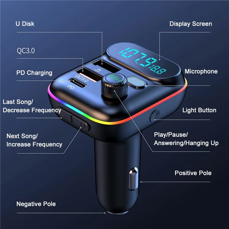 T70 Bluetooth 5.0 FM Transmitter USB PD 18W QC3.0 Fast Charging Adapter Music Player with Hands-free Calling for Car