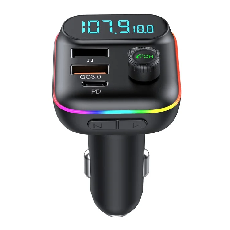 T70 Bluetooth-compatible 5.0 FM Transmitter USB PD 18W QC3.0 Fast Charging Adapter Music Player with Hands-free Calling for Car