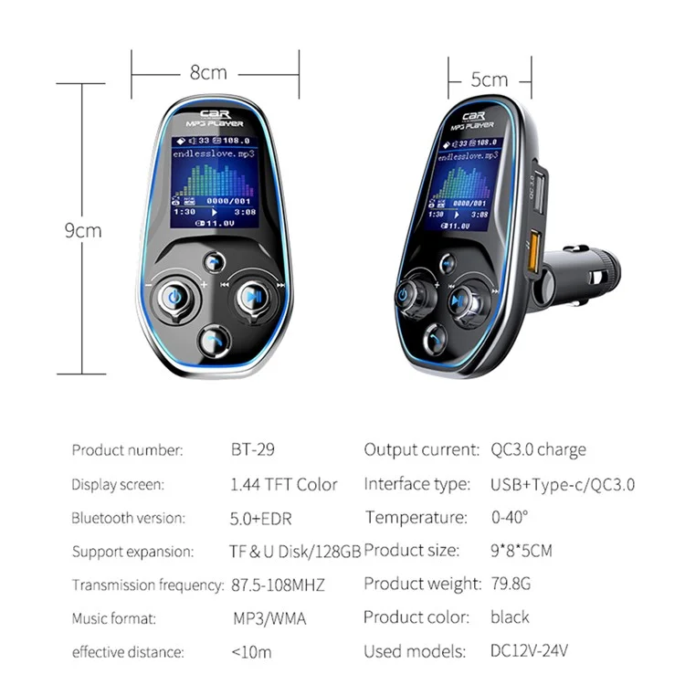 BT29A EQ FM Bluetooth-compatible Transmitter Car MP3 TF/U Disk Player with QC 3.0 + Type-C Fast Charging