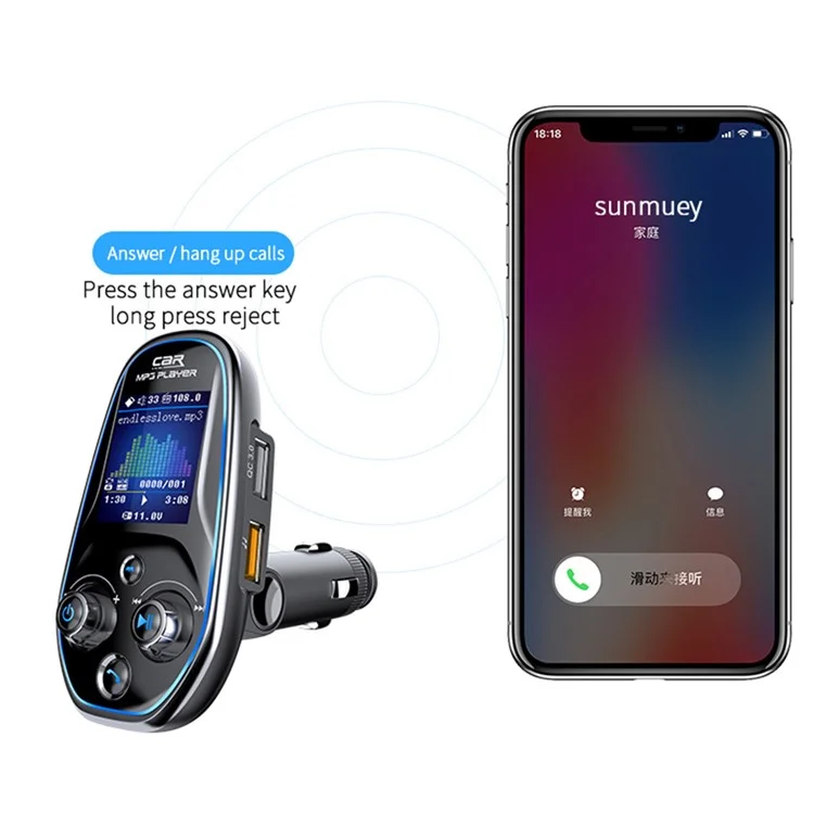 BT29A EQ FM Bluetooth-compatible Transmitter Car MP3 TF/U Disk Player with QC 3.0 + Type-C Fast Charging