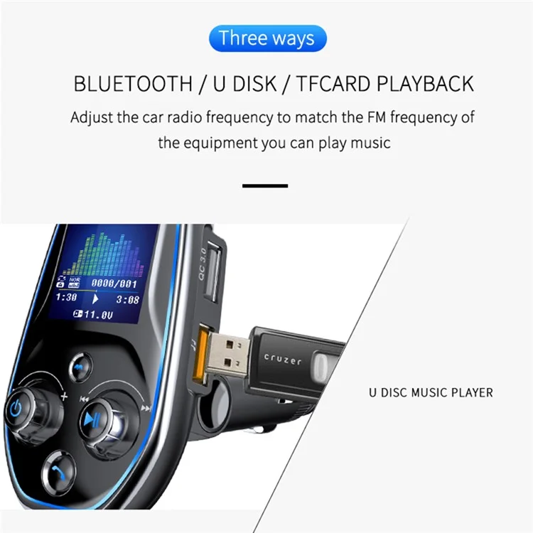 BT29A EQ FM Bluetooth Transmitter Car MP3 TF/U Disk Player with QC 3.0 + Type-C Fast Charging