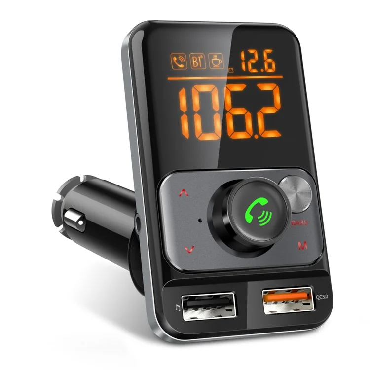 BT79DS Bluetooth-compatible 5.0 FM Transmitter 1.44 inch Display Phone Charging Adapter 18W QC3.0 USB Fast Charger Handsfree Car Kit with Fatigue Alarm