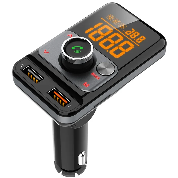 BT79DS Bluetooth-compatible 5.0 FM Transmitter 1.44 inch Display Phone Charging Adapter 18W QC3.0 USB Fast Charger Handsfree Car Kit with Fatigue Alarm