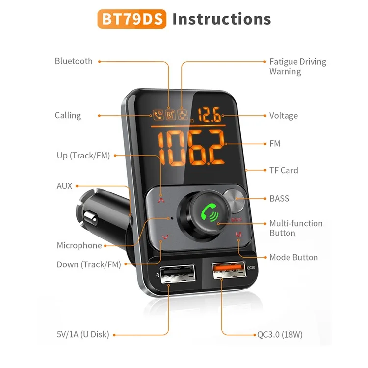 BT79DS Bluetooth-compatible 5.0 FM Transmitter 1.44 inch Display Phone Charging Adapter 18W QC3.0 USB Fast Charger Handsfree Car Kit with Fatigue Alarm