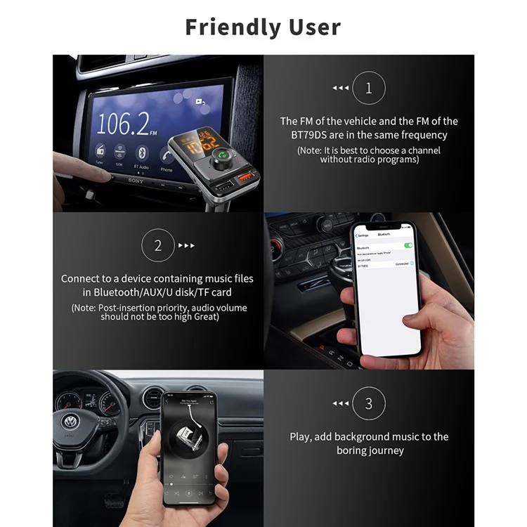 BT79DS Bluetooth-compatible 5.0 FM Transmitter 1.44 inch Display Phone Charging Adapter 18W QC3.0 USB Fast Charger Handsfree Car Kit with Fatigue Alarm