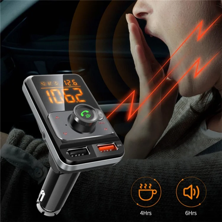 BT79DS Bluetooth-compatible 5.0 FM Transmitter 1.44 inch Display Phone Charging Adapter 18W QC3.0 USB Fast Charger Handsfree Car Kit with Fatigue Alarm