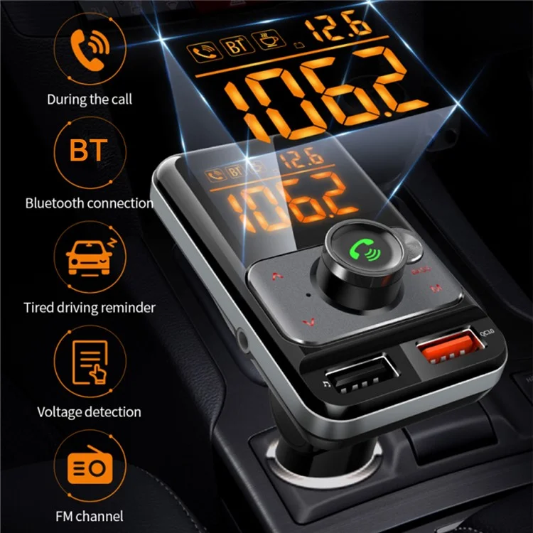 BT79DS Bluetooth-compatible 5.0 FM Transmitter 1.44 inch Display Phone Charging Adapter 18W QC3.0 USB Fast Charger Handsfree Car Kit with Fatigue Alarm