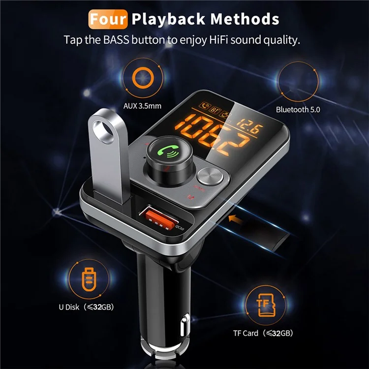 BT79DS Bluetooth-compatible 5.0 FM Transmitter 1.44 inch Display Phone Charging Adapter 18W QC3.0 USB Fast Charger Handsfree Car Kit with Fatigue Alarm