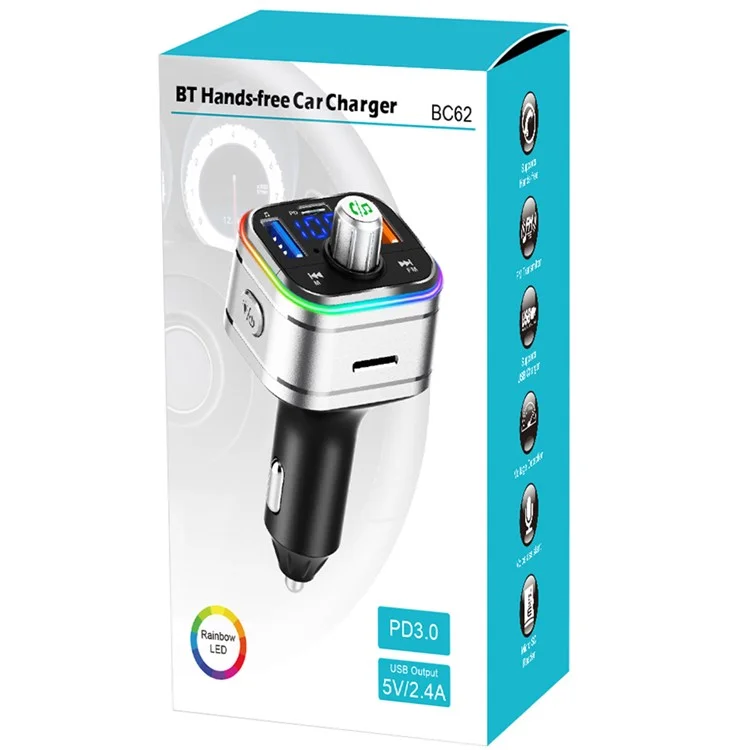 BC62 Car Bluetooth-compatible Charger Adapter FM Transmitter Hands-Free Call PD Fast Charging Car Charger with Atmosphere Light Voice Assistant