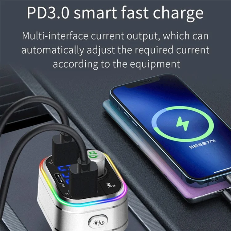 BC62 Car Bluetooth-compatible Charger Adapter FM Transmitter Hands-Free Call PD Fast Charging Car Charger with Atmosphere Light Voice Assistant
