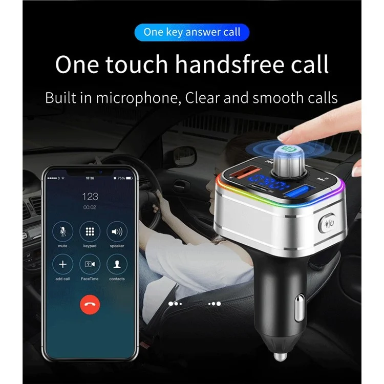 BC62 Car Bluetooth-compatible Charger Adapter FM Transmitter Hands-Free Call PD Fast Charging Car Charger with Atmosphere Light Voice Assistant