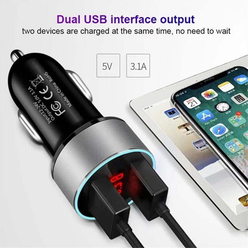 3.1A Fast Charging Dual USB Ports Cigarette Lighter Car Charger for 12V/24V Vehicles - Red
