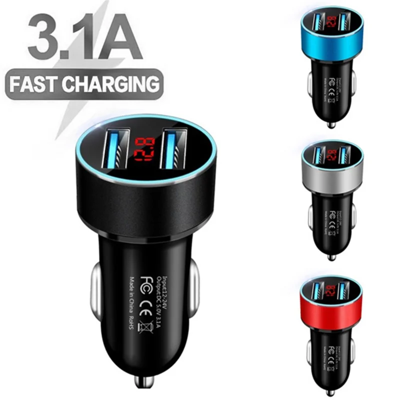 3.1A Fast Charging Dual USB Ports Cigarette Lighter Car Charger for 12V/24V Vehicles - Red