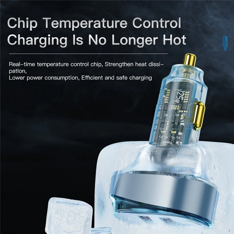 ESSAGER 125W Transparent Dual USB + 1 Type-C Phone Fast Charging Car Charger Digital Display Power Adapter - Coffee