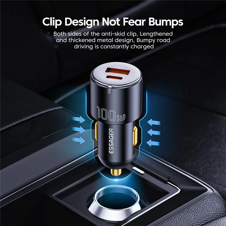 ESSAGER F698 Max 100W USB-A + Type-C Dual Port Car Charger Fast Charging Adapter