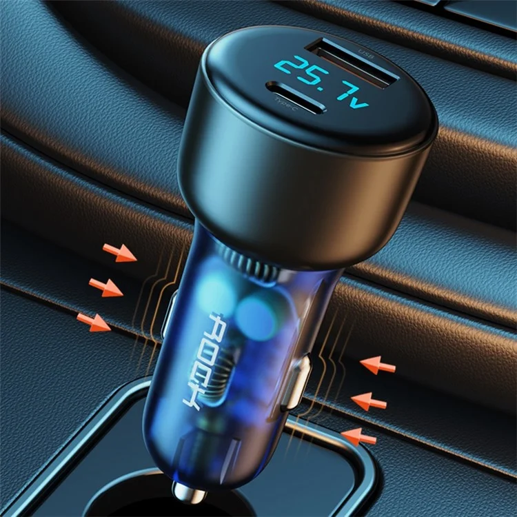 ROCK H16 72W Fast Car Charger with USB+Type C Ports, PD Quick Charging Dual-port Mobile Phone Tablet Charger Adapter