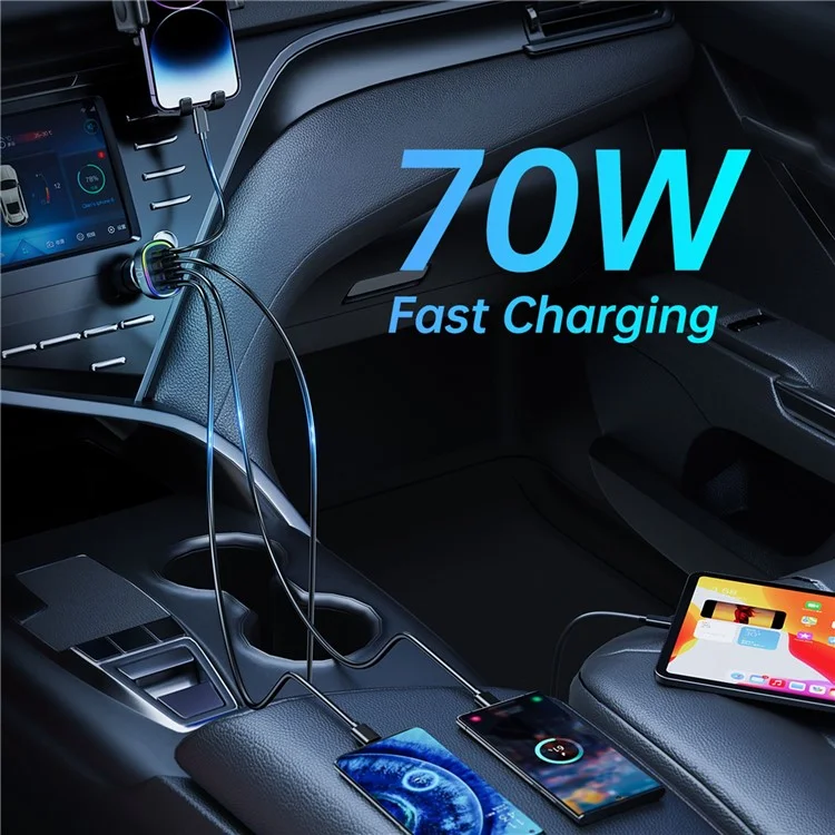 JOYROOM JR-CL29 70W 4-Port Fast Car Charger Dual PD + Dual QC3.0 Car Charger with Colorful LED Light