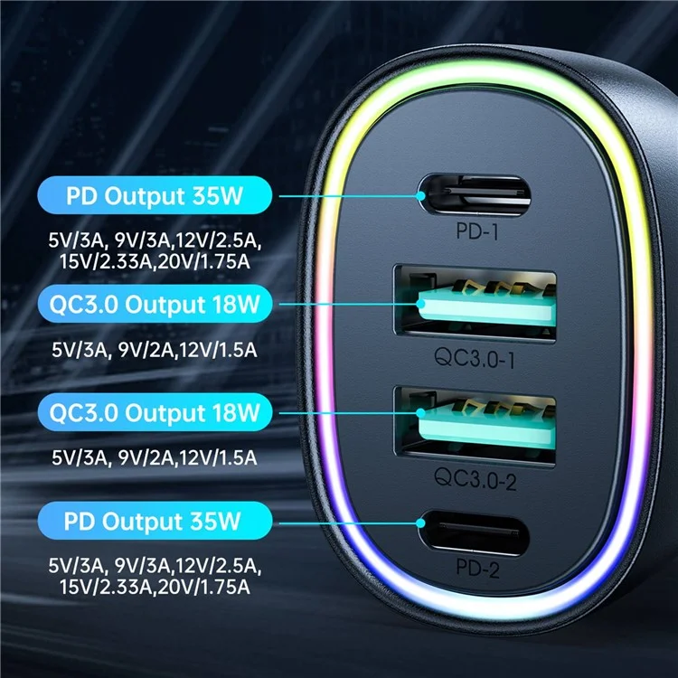 Joyroom JR-CL29 70W 4-порт Быстрого Автомобильного Зарядного Устройства Dual PD + Dual QC3.0 Автомобильное Зарядное Устройство с Красочным Светодиодным Светом