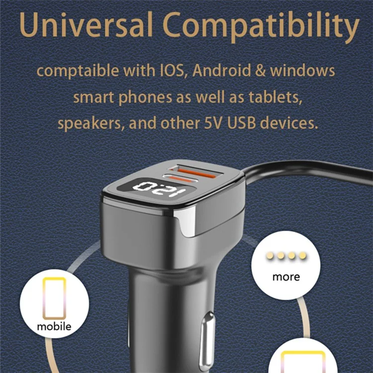 EC-17 78W 5 Ports Charging Adapter 3 USB + 2 Type-C PD Fast Charging Car Charger with Extension Cord (CE Certificated)