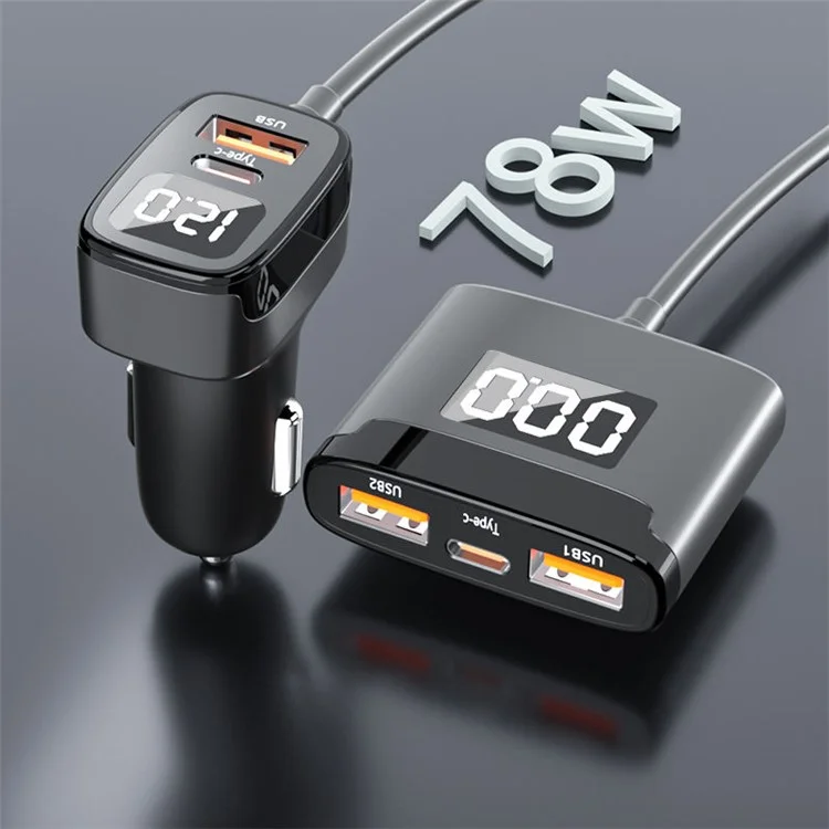 EC-17 78W 5 Ports Charging Adapter 3 USB + 2 Type-C PD Fast Charging Car Charger with Extension Cord (CE Certificated)