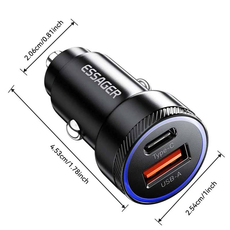 ESSAGER 54W USB+Type-C Cargador rápido de teléfono Adaptador ABS+Aleación de aluminio Mini Cargador de coche - Negro 