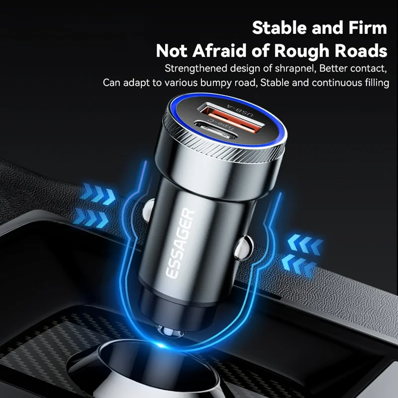 ESSAGER 54W USB+Type-C Cargador rápido de teléfono Adaptador ABS+Aleación de aluminio Mini Cargador de coche - Negro 