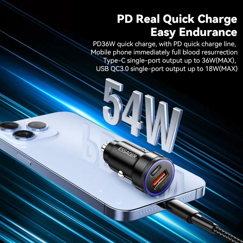 ESSAGER 54W USB+Type-C Cargador rápido de teléfono Adaptador ABS+Aleación de aluminio Mini Cargador de coche - Negro 