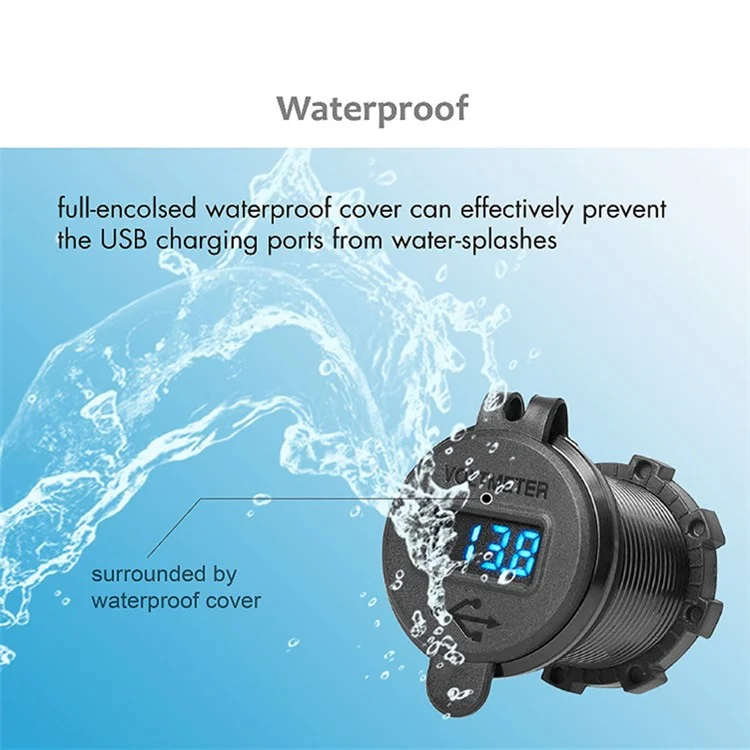 L4 Dual QC 3.0 USB Fast Charger Adapter Aluminum Alloy Waterproof Car Outlet with LED Digital Voltmeter - Black Shell / Blue Light