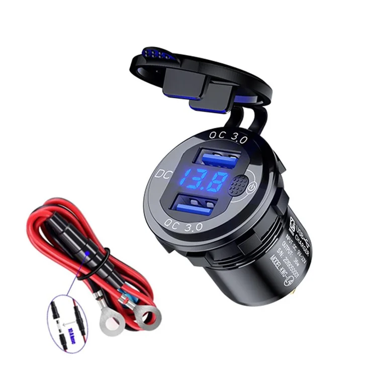 L4 Aluminum Alloy Car Charger Socket Quick Charge 3.0 Dual USB Car Outlet Adapter with Voltmeter+Button Switch+60cm Wire - Black Shell / Blue Light