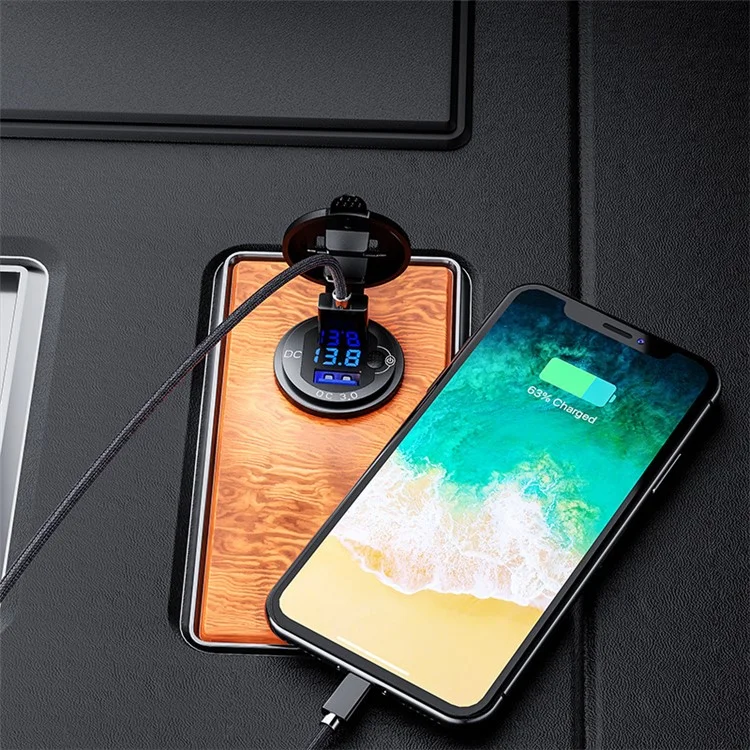 L4 Aluminum Alloy Car Charger Socket Quick Charge 3.0 Dual USB Car Outlet Adapter with Voltmeter+Button Switch+60cm Wire - Black Shell / Blue Light