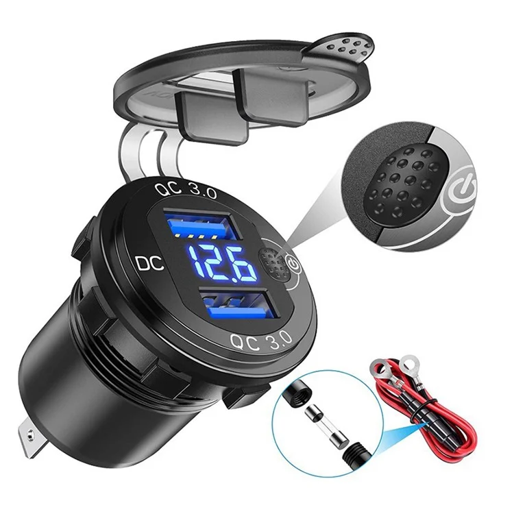 L4 Aluminum Alloy Car Charger Socket Quick Charge 3.0 Dual USB Car Outlet Adapter with Voltmeter+Button Switch+60cm Wire - Black Shell / Blue Light