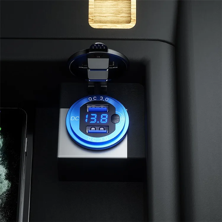 L4 Aluminum Alloy Car Charger Socket Quick Charge 3.0 Dual USB Car Outlet Adapter with Voltmeter+Button Switch+60cm Wire - Black Shell / Blue Light
