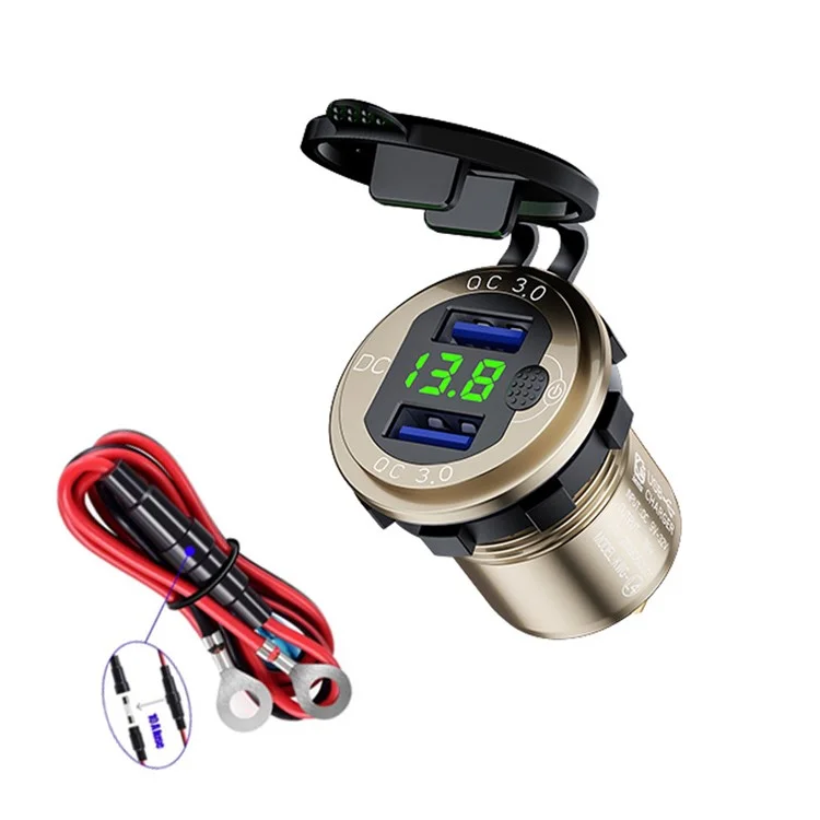 L4 Aluminum Alloy Car Charger Socket Quick Charge 3.0 Dual USB Car Outlet Adapter with Voltmeter+Button Switch+60cm Wire - Gold Shell / Green Light