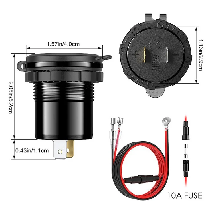 L4 Aluminum Alloy Car Charger Socket Quick Charge 3.0 Dual USB Car Outlet Adapter with Voltmeter+Button Switch+60cm Wire - Gold Shell / Green Light