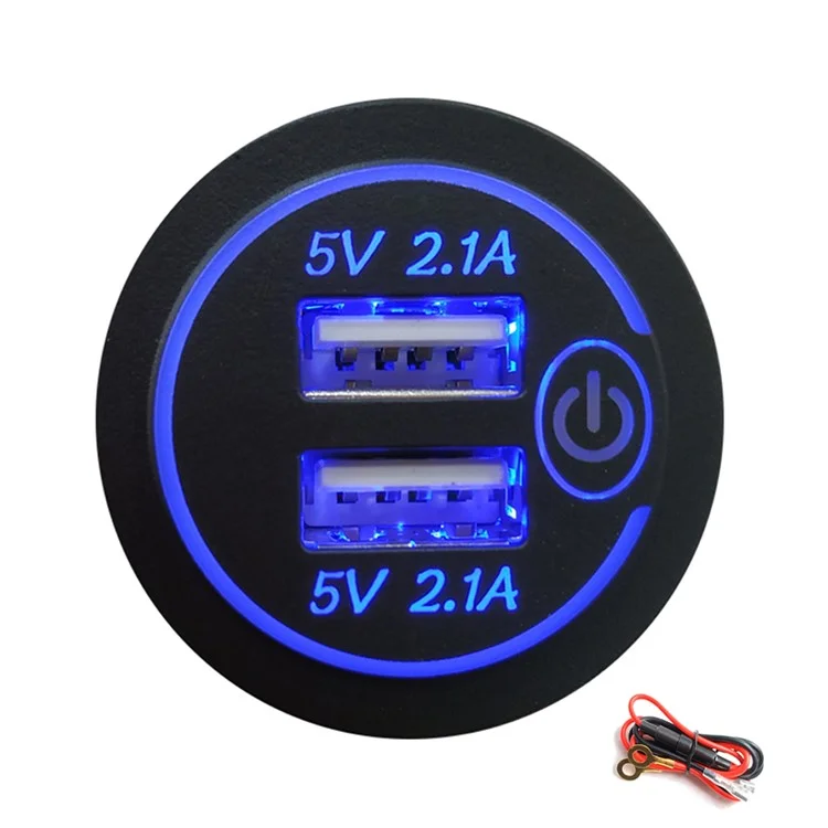 P15S USB Phone Car Charger Socket Dual USB 5V 2.1A+2.1A Power Outlet with Touch Switch+60cm Wire for Car Boat Marine Motorcycle - Blue Light