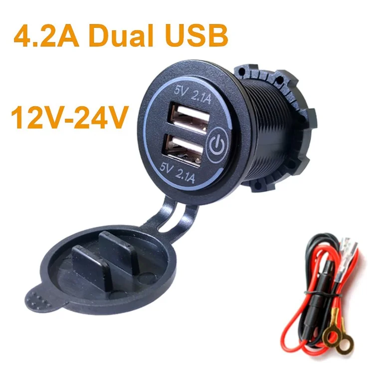 P15S USB Phone Car Charger Socket Dual USB 5V 2.1A+2.1A Power Outlet with Touch Switch+60cm Wire for Car Boat Marine Motorcycle - Blue Light