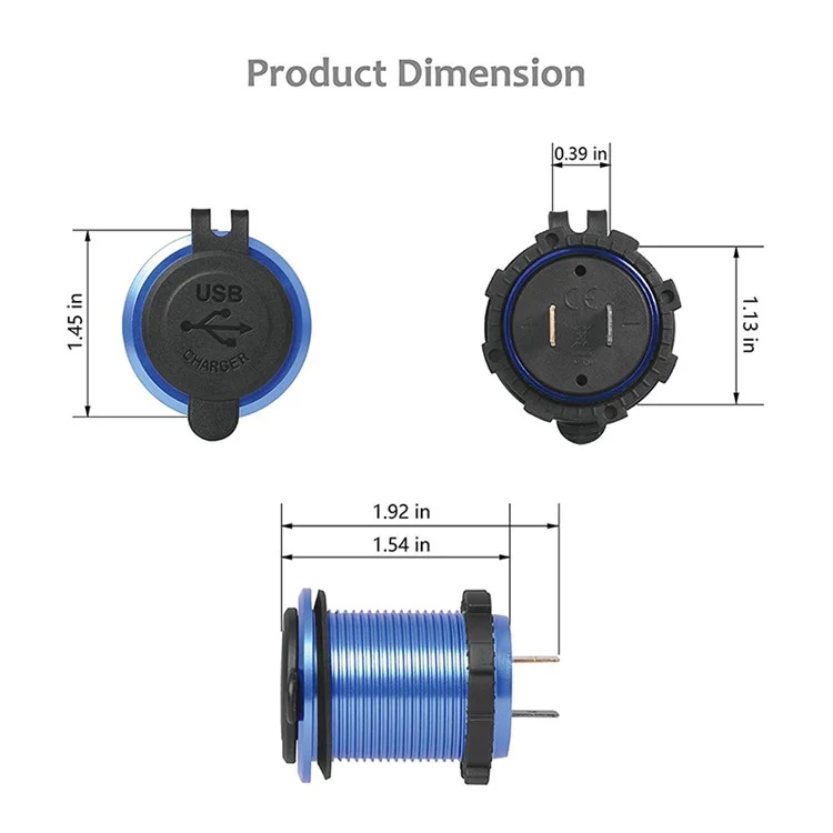 L1 Chargeur de Voiture à Double Port Aluminium Alliage USB 5V 2.1A Adaptateur de Sortie de Courant de Socket Pour le Camion Vtt Des Chariots de Golf Marins - Coquille Bleue / Lumière Bleue