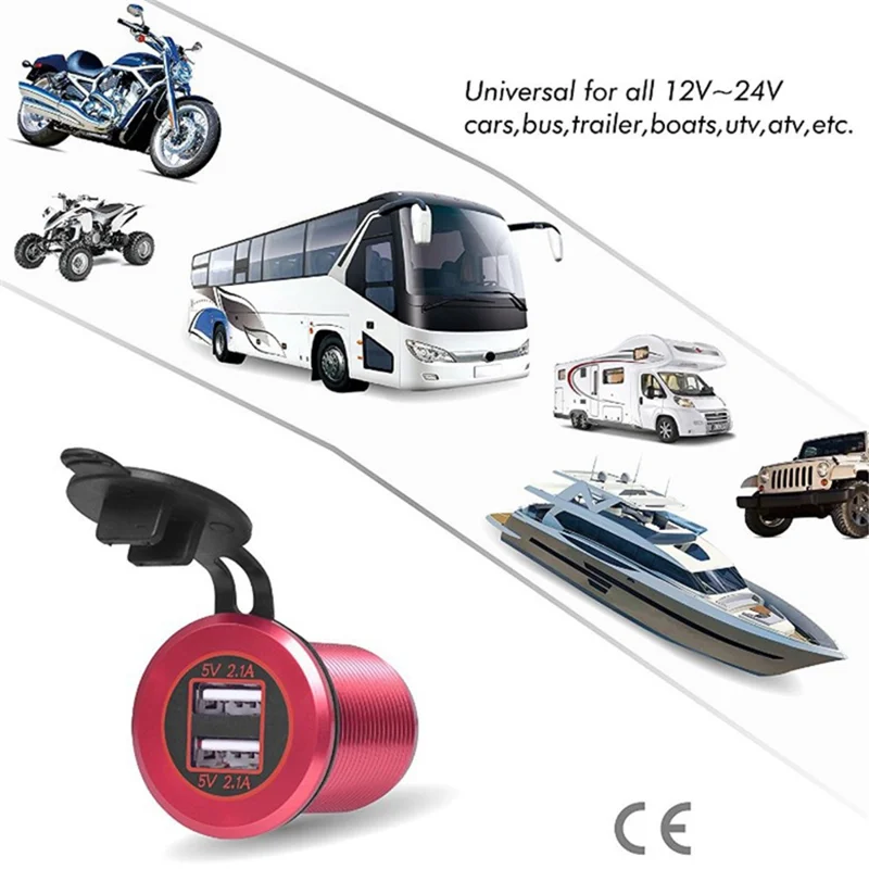 L1 Dual Port Car Charger Aluminum Alloy USB 5V 2.1A+2.1A Socket Power Outlet Adapter for Marine Golf Cart ATV Truck - Gold Shell / Blue Light