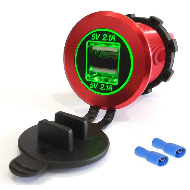 L1 Dual Port Car Charger Aluminum Alloy USB 5V 2.1A+2.1A Socket Power Outlet Adapter for Marine Golf Cart ATV Truck - Red Shell / Green Light