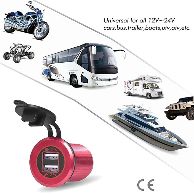 L1 Dual Port Car Charger Aluminum Alloy USB 5V 2.1A+2.1A Socket Power Outlet Adapter for Marine Golf Cart ATV Truck - Red Shell / Green Light