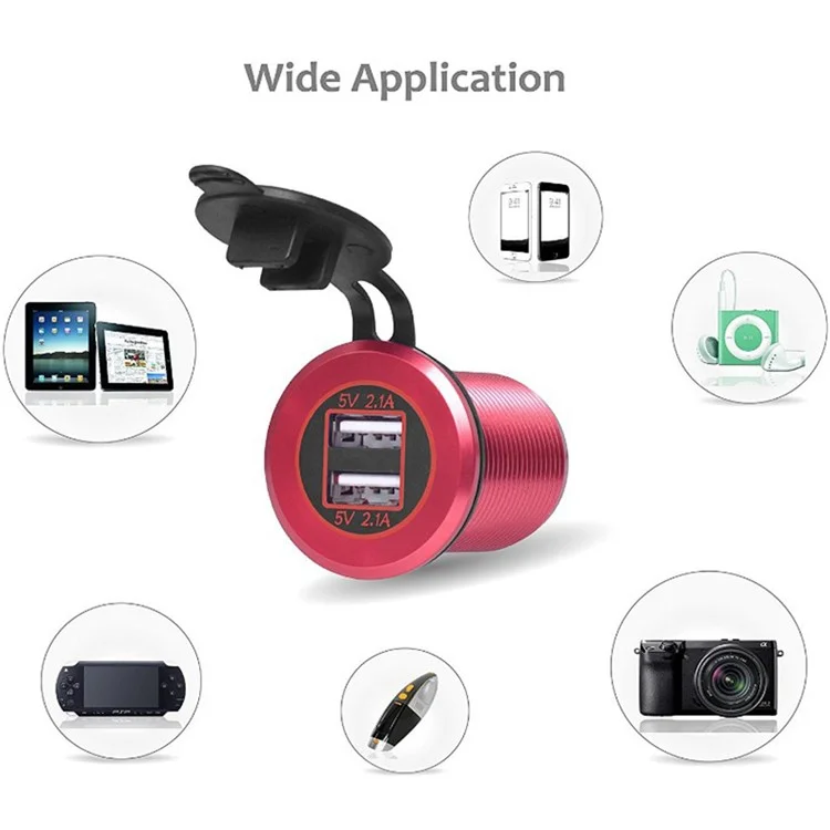 L1 Dual Port Car Charger Aluminum Alloy USB 5V 2.1A+2.1A Socket Power Outlet Adapter for Marine Golf Cart ATV Truck - Red Shell / Green Light