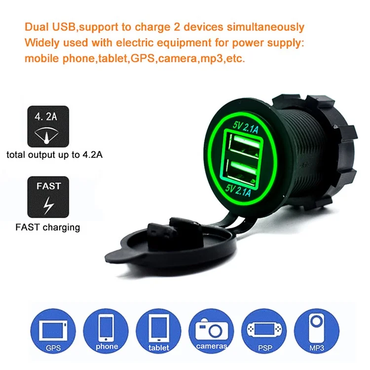 Prise double USB P7 Chargeur de voiture 5V 2,1A+2,1A Adaptateur de prise de courant pour bateau, caravane, moto - Voyant vert
