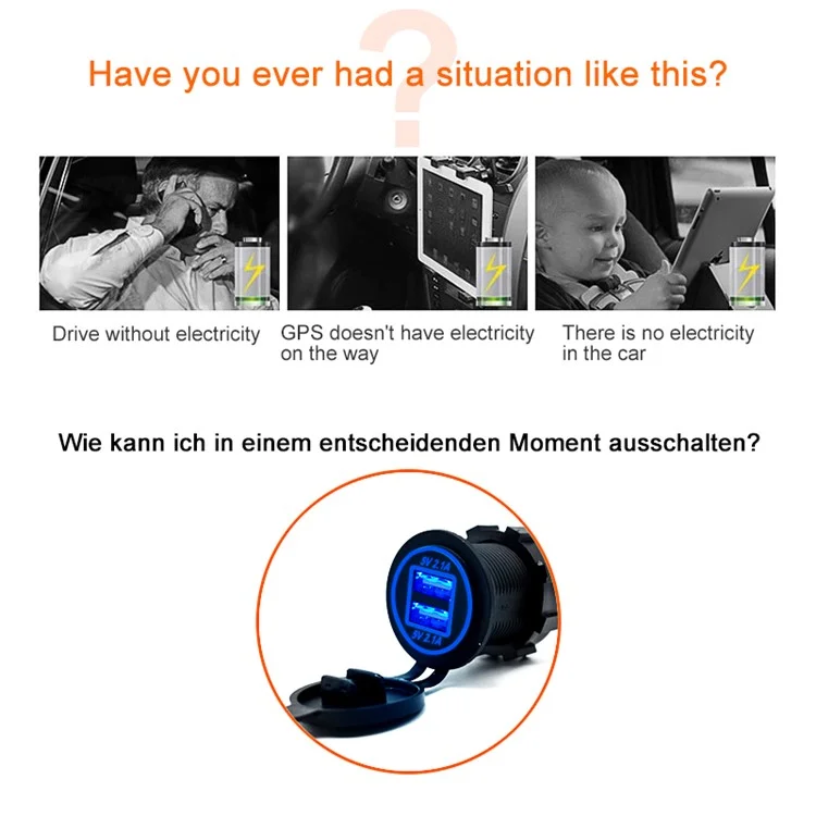 P7 Dual USB Charger Socket USB 5V 2.1A+2.1A Power Outlet Adapter for Car Boat Marine RV Motorcycle - Orange Light