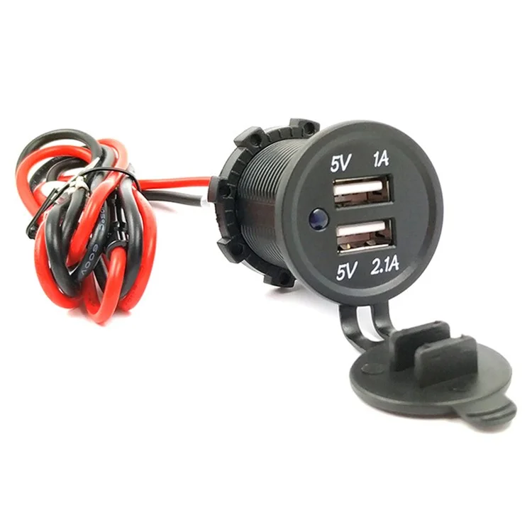 P1 USB 5V 2.1A+1A Car Charger Dual USB Ports Waterproof Power Outlet with 60cm Wire for Boat Marine RV Motorcycle