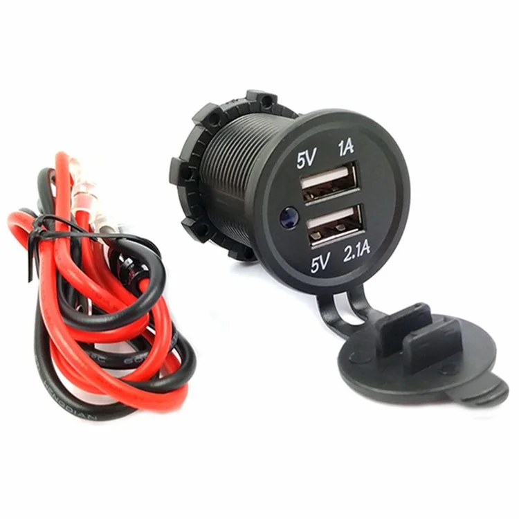 P1 USB 5V 2.1A+1A Car Charger Dual USB Ports Waterproof Power Outlet with 60cm Wire for Boat Marine RV Motorcycle